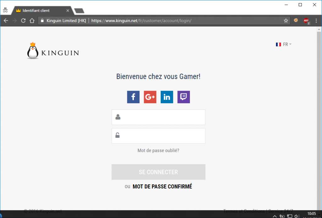 Pas d'inscription sur Kinguin, uniquement des connexions via des services tiers