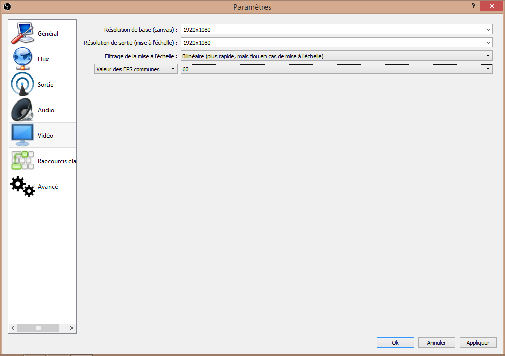 Configuration vidéo sur OBS