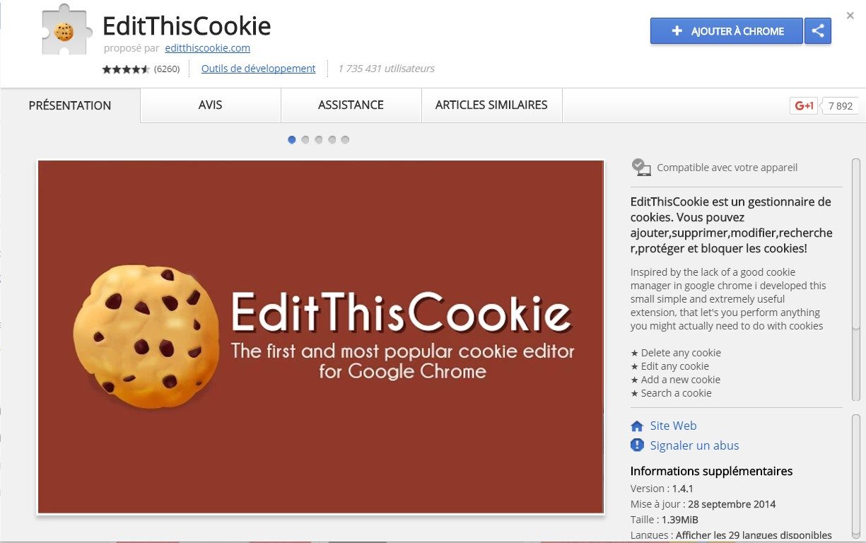 Installation de EditThisCookie pour Chrome