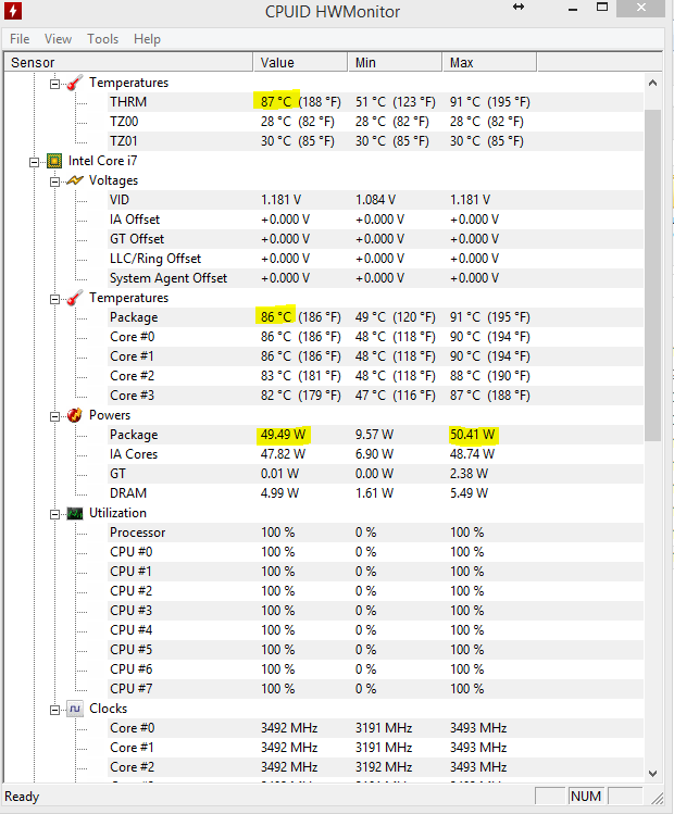 Relevé de température de PC Portable Gamer avant installation d'extracteur d'air