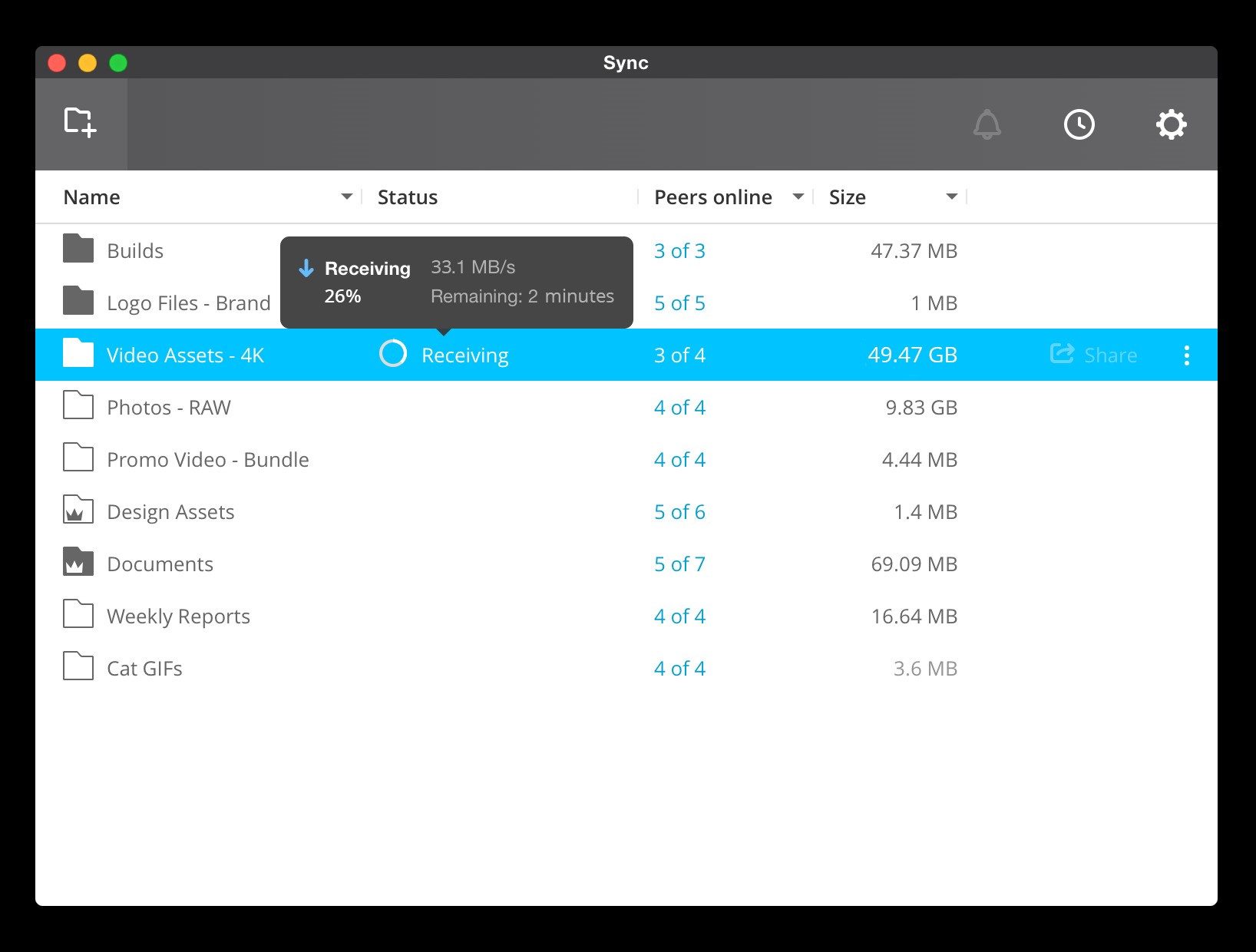 Interface de Resilio Sync