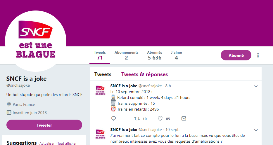 Un compte Twitter pour exposer les retards des trains en France.