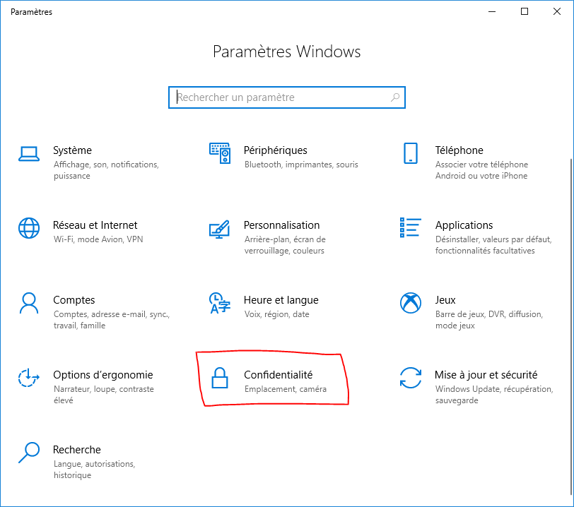 Fenêtre paramètres de Windows 10