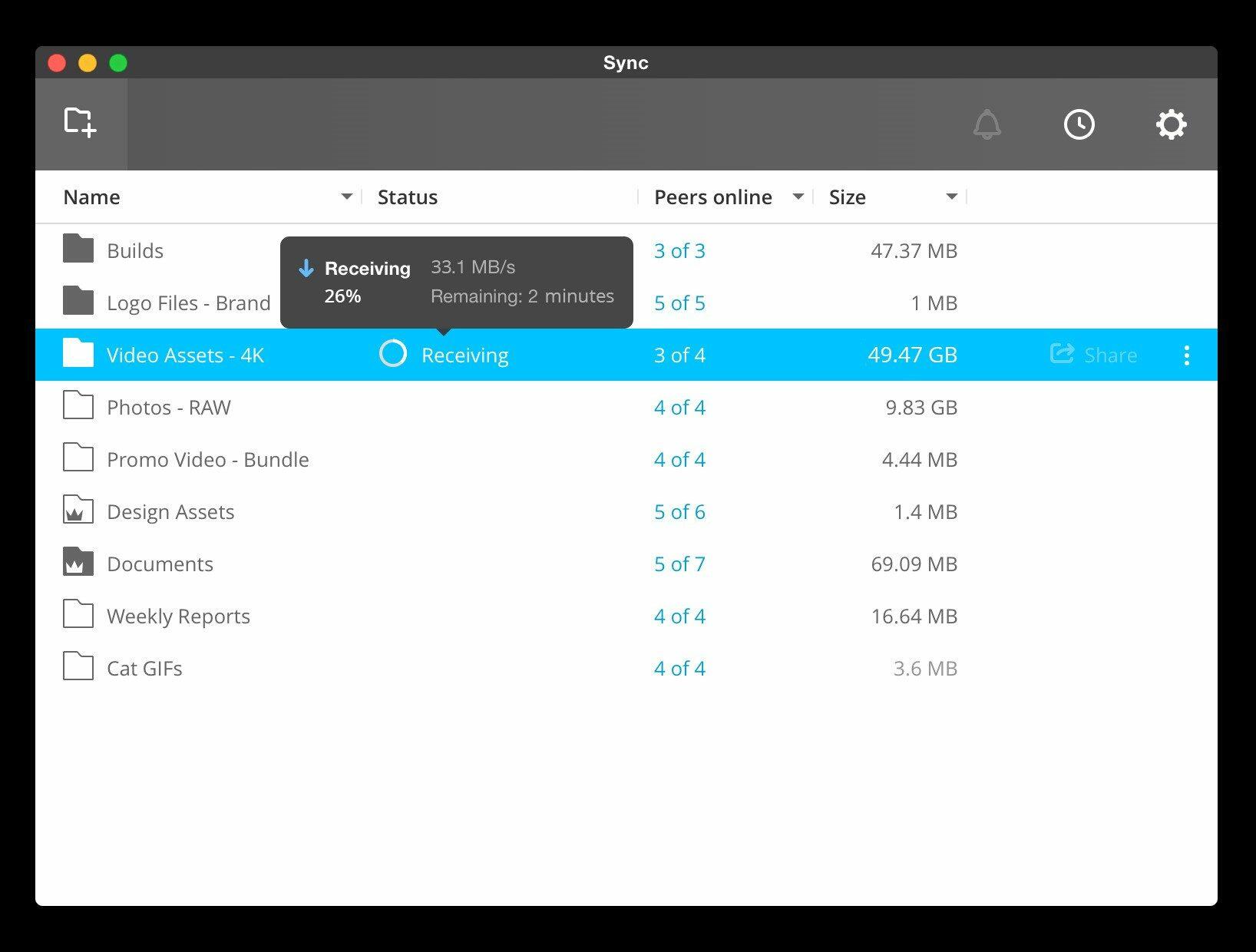 Interface de Resilio Sync