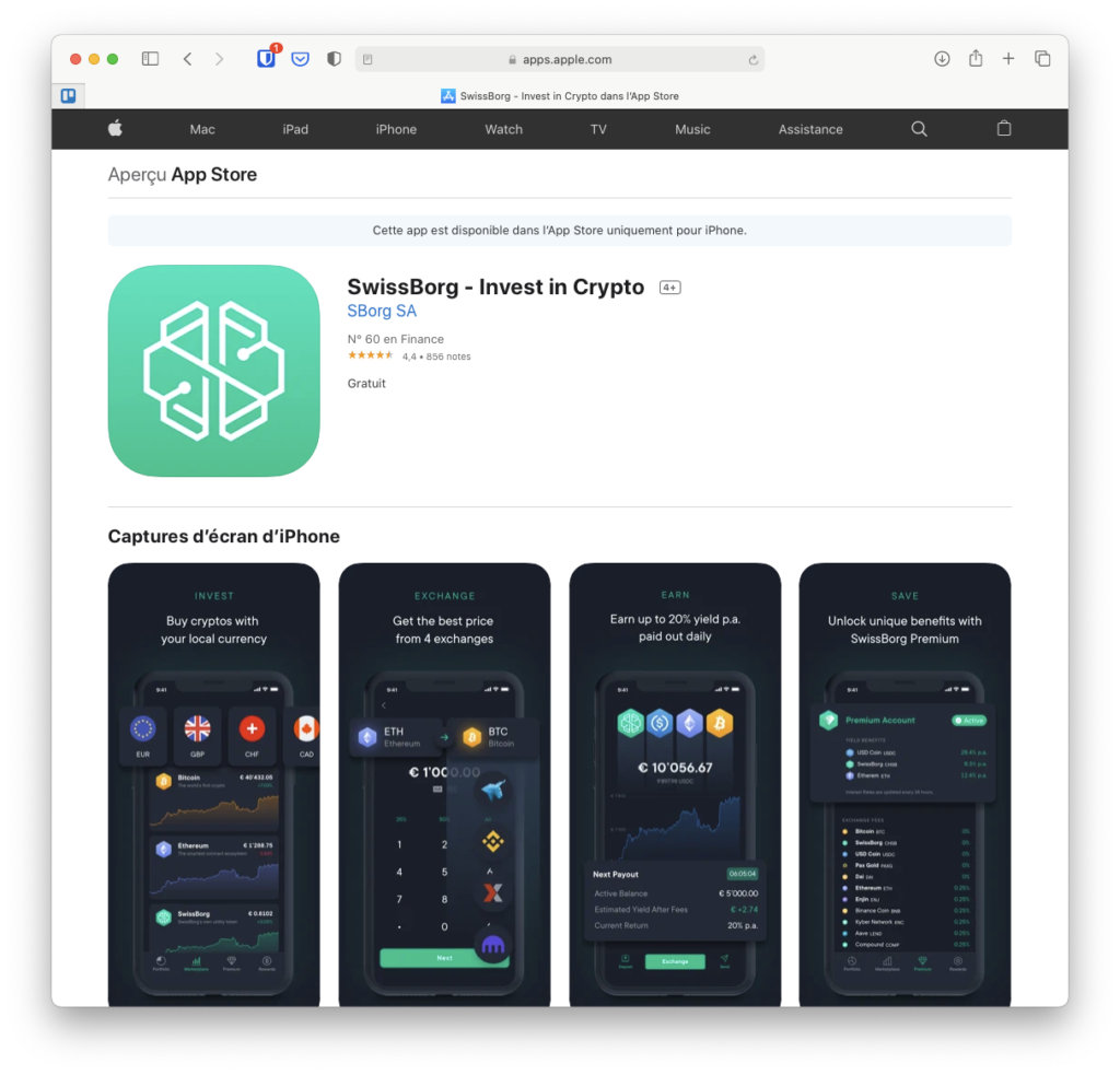 Application Swissborg sur l'App Store d'iOS