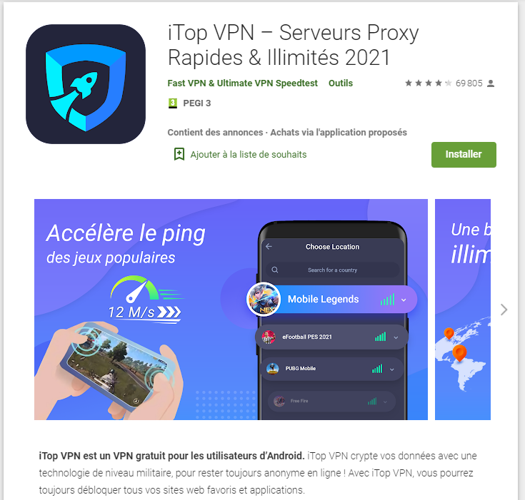 Application iTOP VPN sur Android
