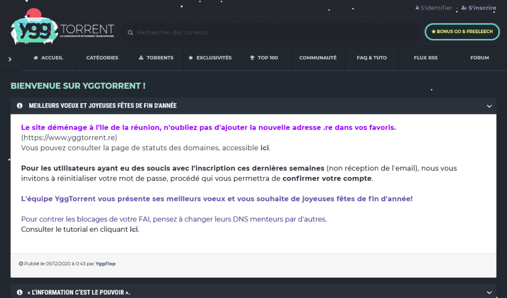 Screenshot de la page d'accueil du site Web de téléchargement YggTorrent.