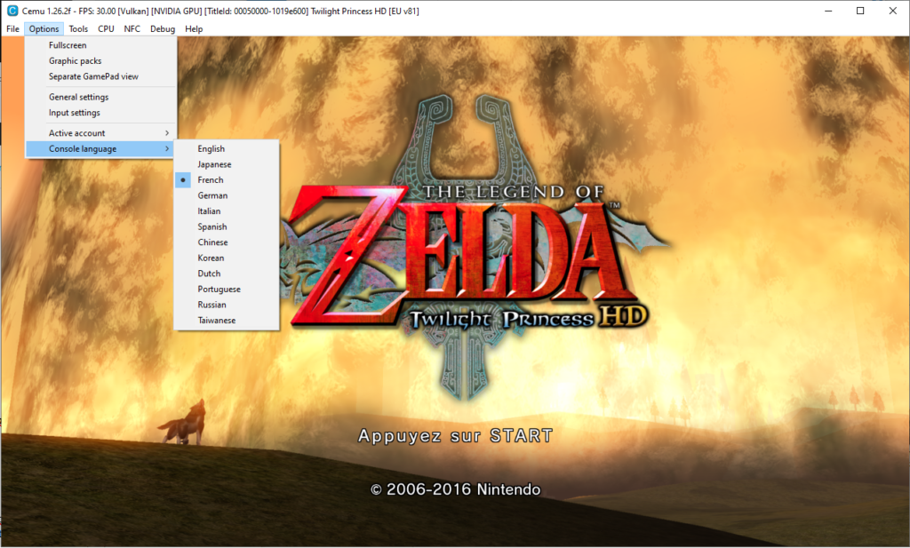 Changer la langue d'une jeu en changeant la langue de la console sur l'émulateur CEMU
