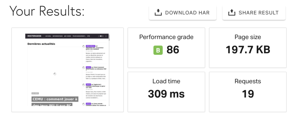 Temps de chargement d'un site Web WordPress avec plugin de cache et reverse proxy