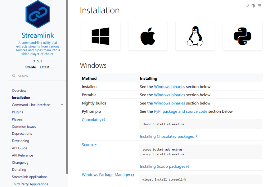 Documentation officielle de Streamlink