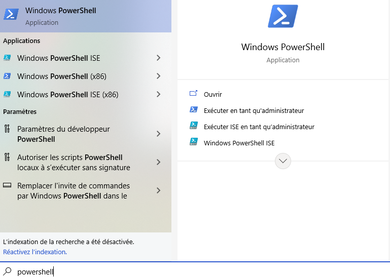 Recherche de PowerShell sur Windows