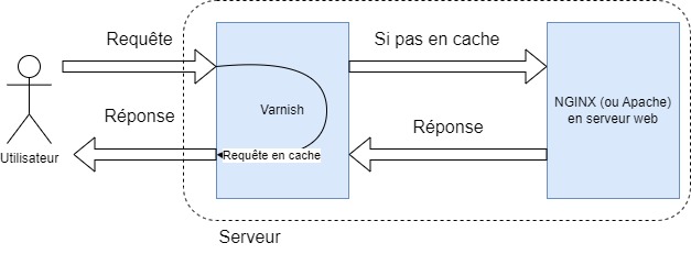 Schéma du flux de requêtes et de réponses typique entre un client, Varnish Cache et un serveur web