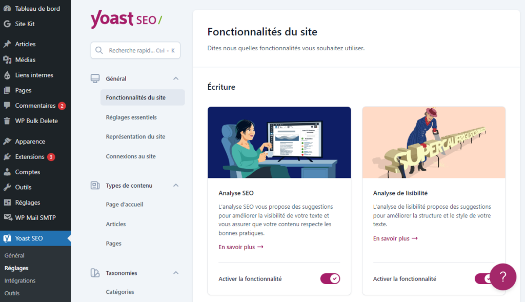 Menu "Réglages" de Yoast SEO