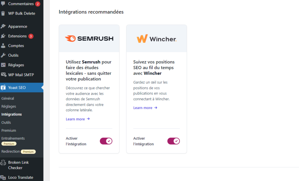 Menu "Intégrations" de Yoast SEO