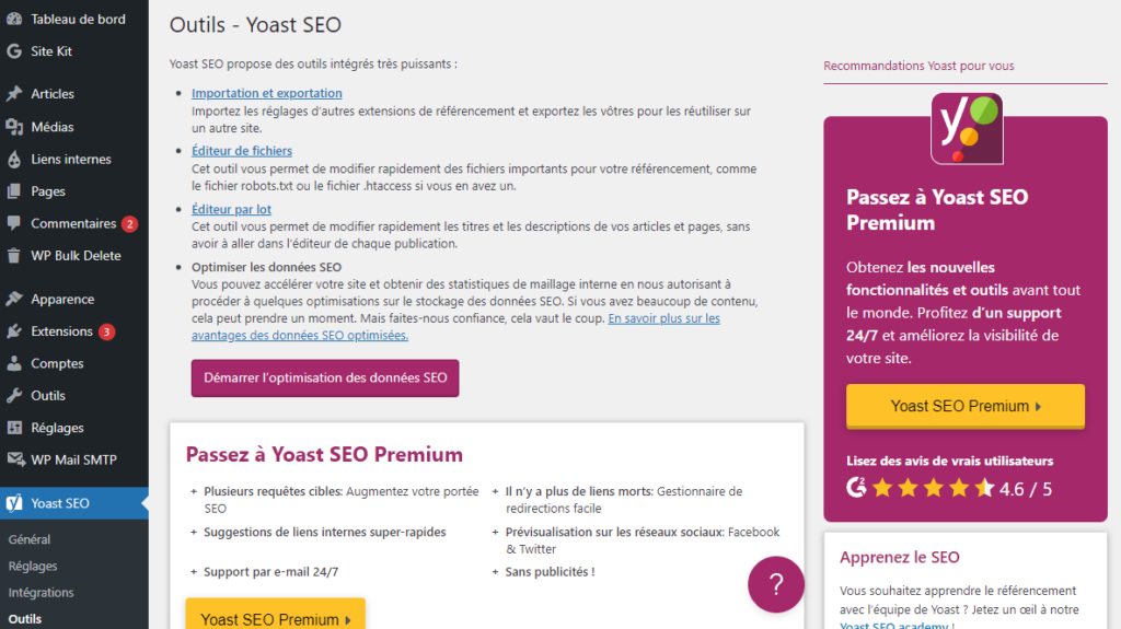 Menu "Outils" de Yoast SEO