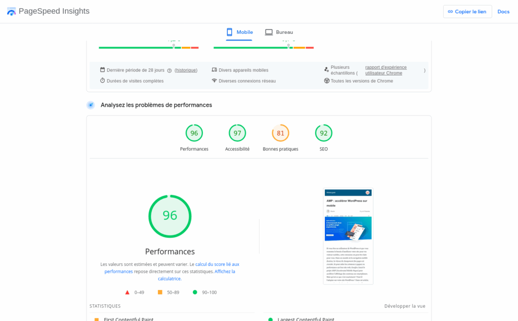 Résultat de Google Page Speed Insights avec AMP